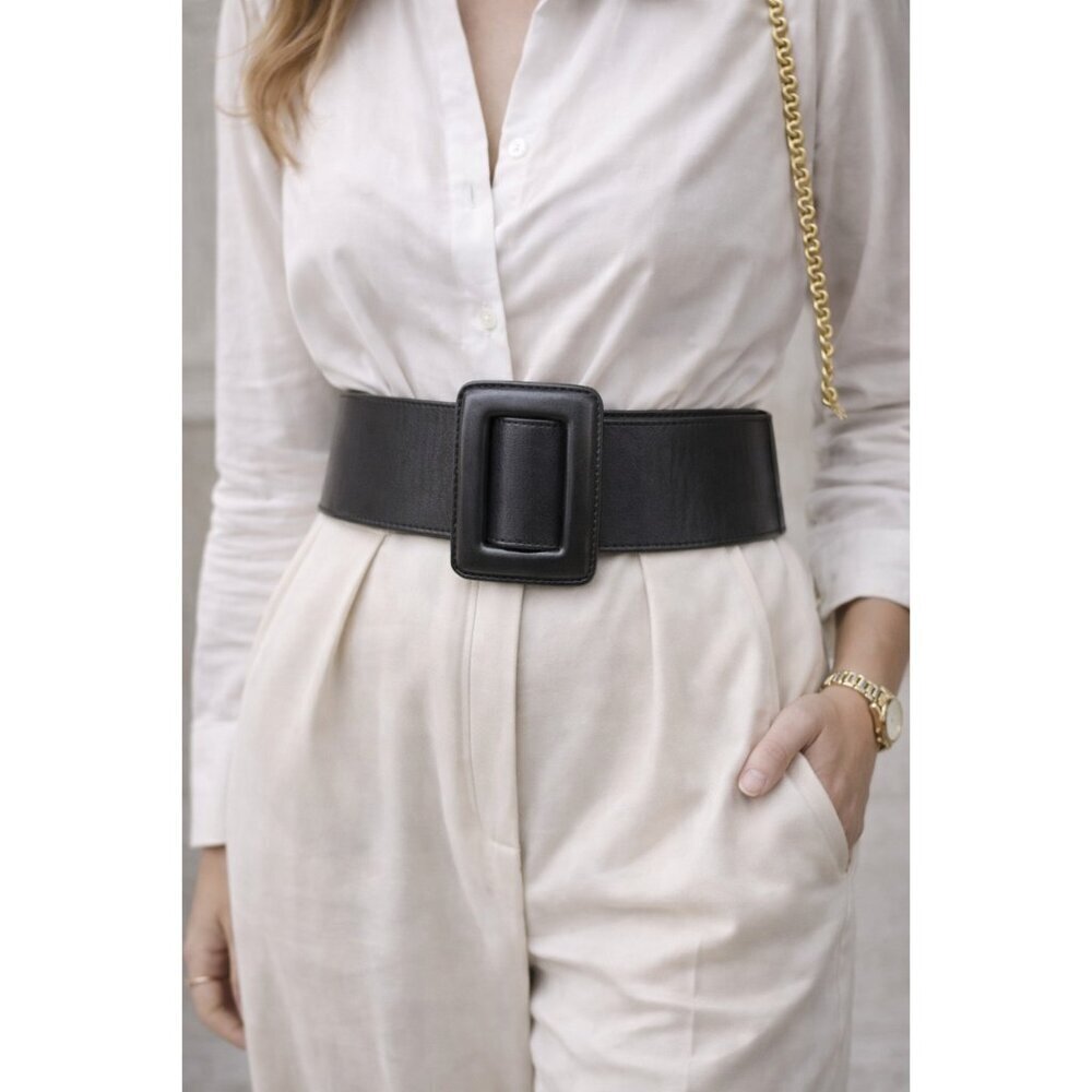 ZAPA Paris Wide Black Leather Waist Belt 100% Calfskin Size T1 Made in France